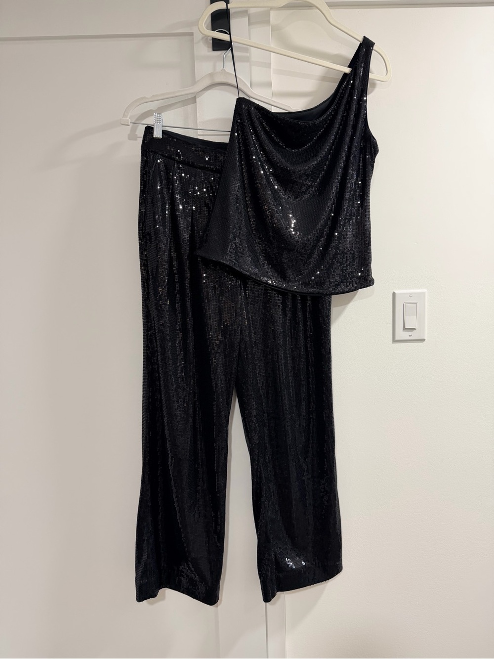 Black Sequin Wide-Leg Pants - Women's Evening Pants and One shoulder top